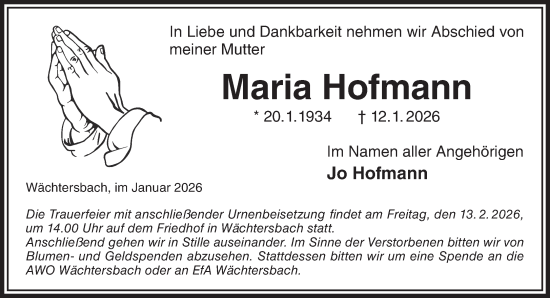 Traueranzeige von Maria Hofmann von Gelnhäuser Neue Zeitung