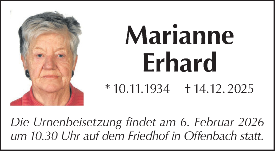 Traueranzeige von Marianne Erhard von Gelnhäuser Neue Zeitung