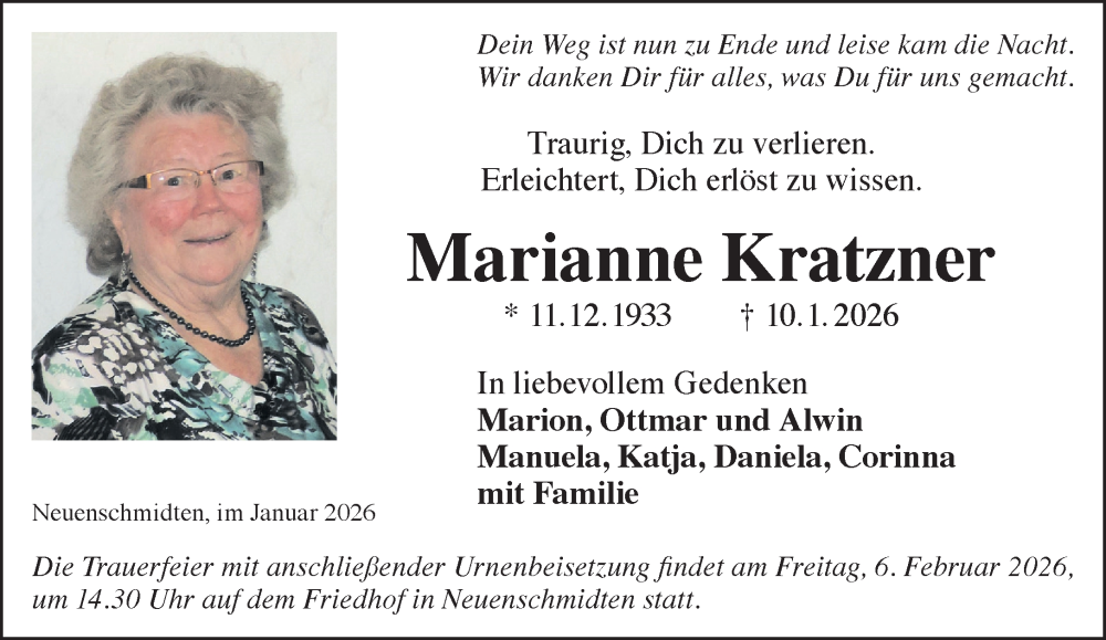  Traueranzeige für Marianne Kratzner vom 31.01.2026 aus Mittelhessen-Bote