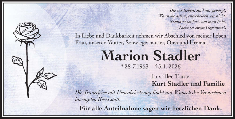  Traueranzeige für Marion Stadler vom 10.01.2026 aus Gelnhäuser Neue Zeitung