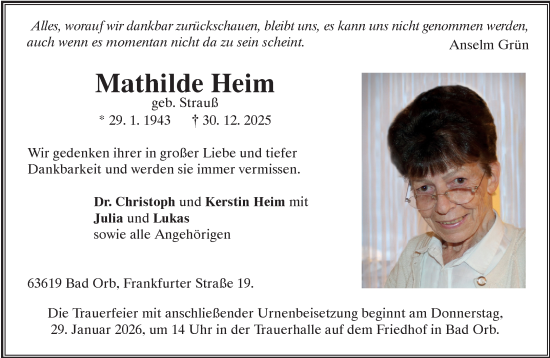 Traueranzeige von Mathilde Heim von Gelnhäuser Neue Zeitung