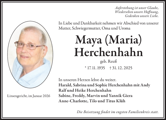Traueranzeige von Maya (Maria) Herchenhahn von Mittelhessen-Bote