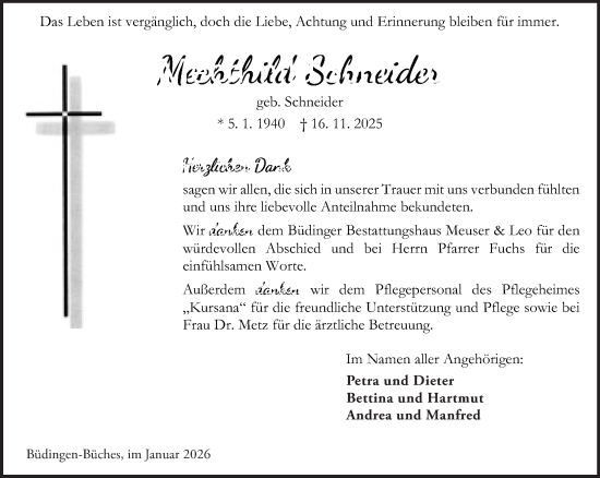 Traueranzeige von Mechthild Schneider von Mittelhessen-Bote