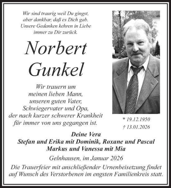 Traueranzeige von Norbert Gunkel von Gelnhäuser Neue Zeitung