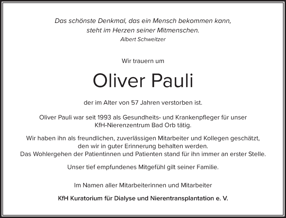  Traueranzeige für Oliver Pauli vom 03.01.2026 aus Gelnhäuser Neue Zeitung