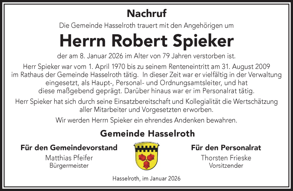  Traueranzeige für Robert Spieker vom 17.01.2026 aus Gelnhäuser Neue Zeitung