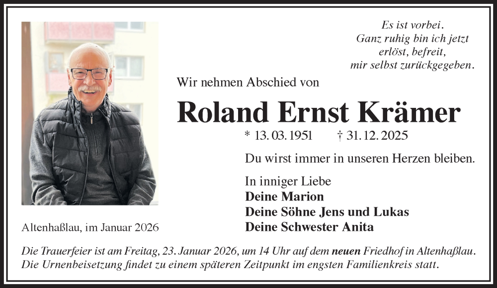  Traueranzeige für Roland Ernst Krämer vom 10.01.2026 aus Gelnhäuser Neue Zeitung