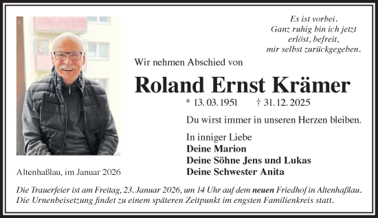 Traueranzeige von Roland Ernst Krämer von Gelnhäuser Neue Zeitung