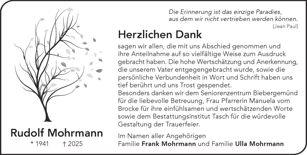  Traueranzeige für Rudolf Mohrmann vom 31.01.2026 aus Gelnhäuser Neue Zeitung