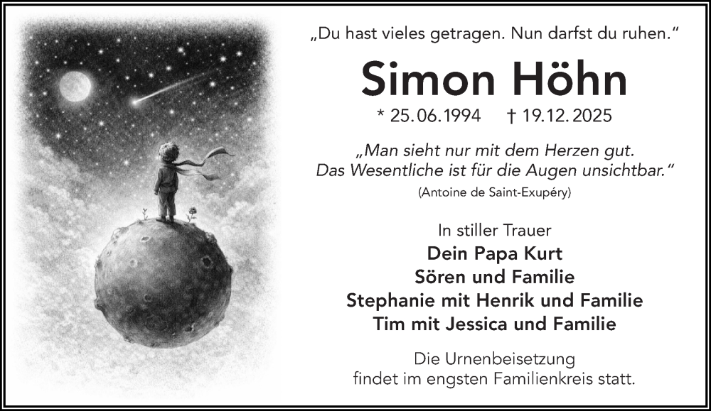  Traueranzeige für Simon Höhn vom 03.01.2026 aus Gelnhäuser Neue Zeitung