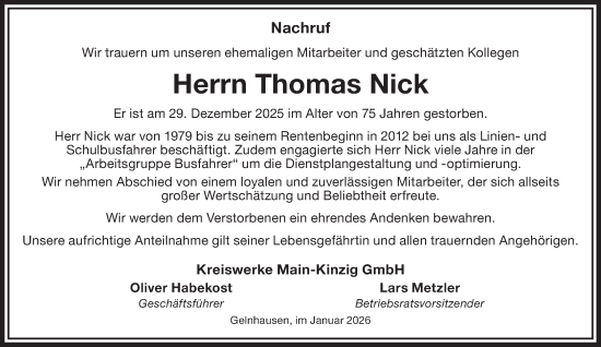 Traueranzeige von Thomas Nick von Gelnhäuser Neue Zeitung