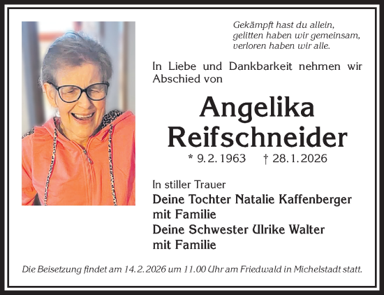 Traueranzeige von Angelika Reifschneider von Gelnhäuser Neue Zeitung