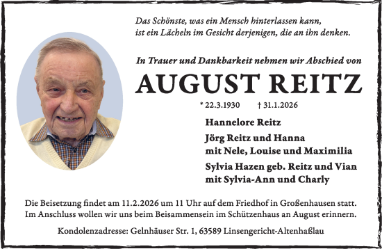 Traueranzeige von August Reitz von Gelnhäuser Neue Zeitung