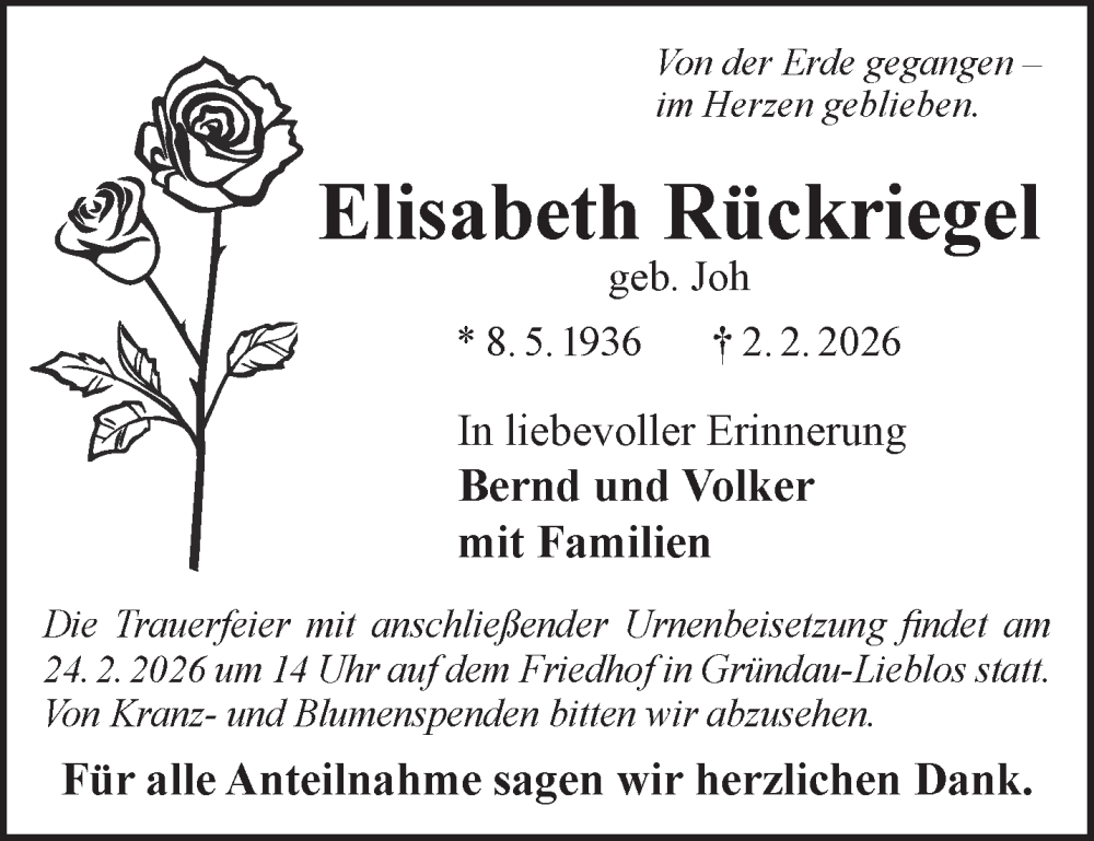  Traueranzeige für Elisabeth Rückriegel vom 14.02.2026 aus Gelnhäuser Neue Zeitung