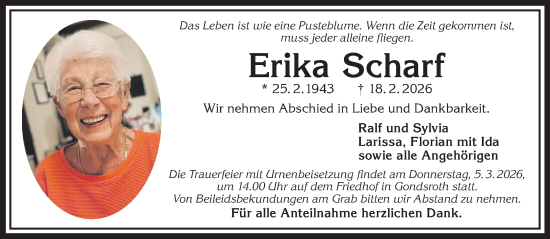 Traueranzeige von Erika Scharf von Gelnhäuser Neue Zeitung