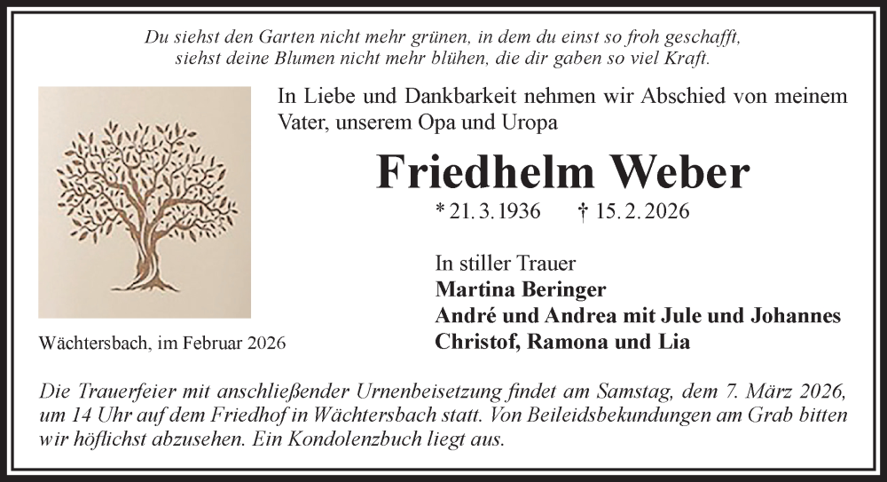  Traueranzeige für Friedhelm Weber vom 26.02.2026 aus Gelnhäuser Neue Zeitung