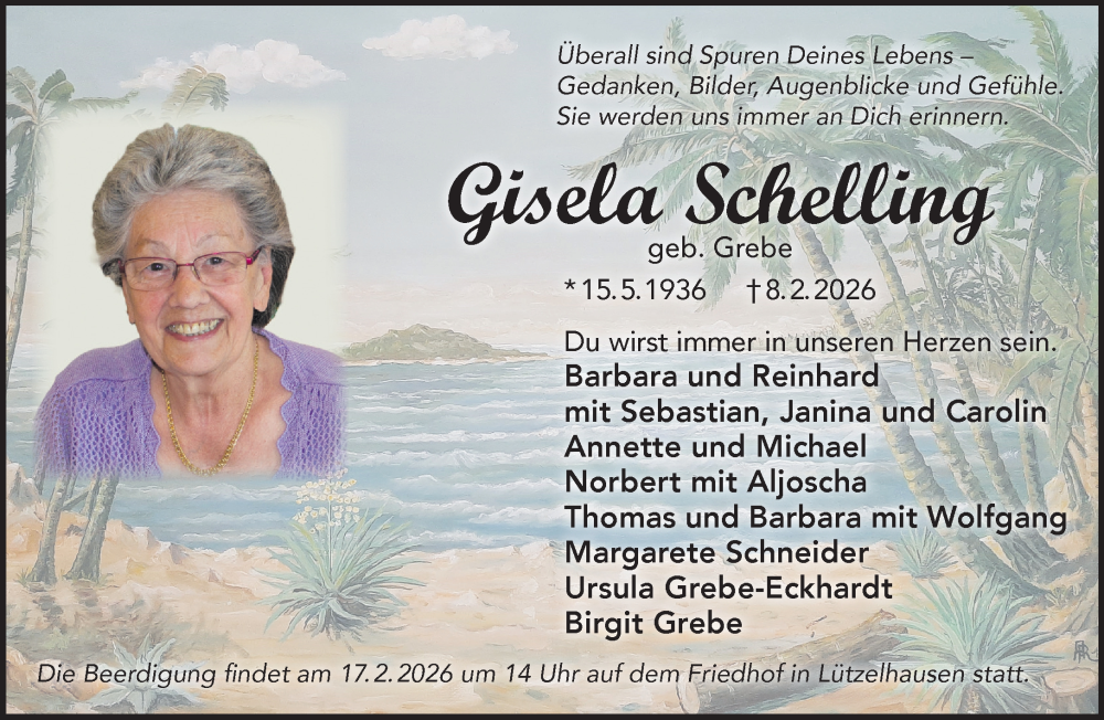  Traueranzeige für Gisela Schelling vom 14.02.2026 aus Gelnhäuser Neue Zeitung