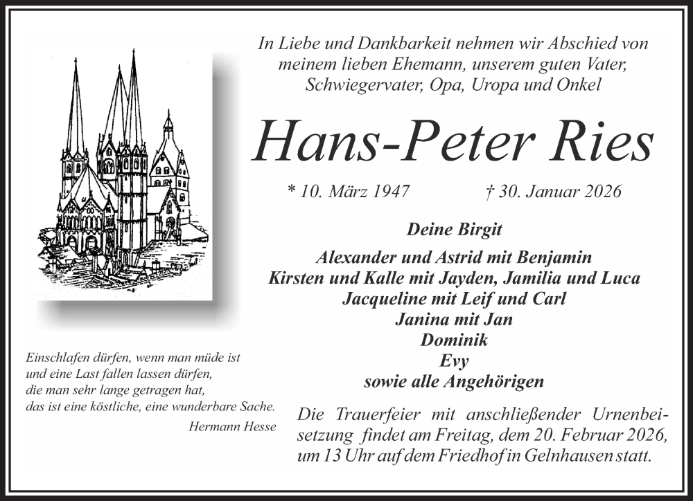  Traueranzeige für Hans-Peter Ries vom 13.02.2026 aus Gelnhäuser Neue Zeitung