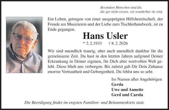 Traueranzeige von Hans Usler von Gelnhäuser Neue Zeitung