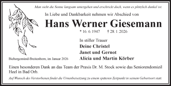 Traueranzeige von Hans Werner Giesemann von Gelnhäuser Neue Zeitung