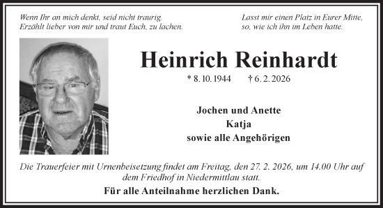 Traueranzeige von Heinrich Reinhardt von Gelnhäuser Neue Zeitung
