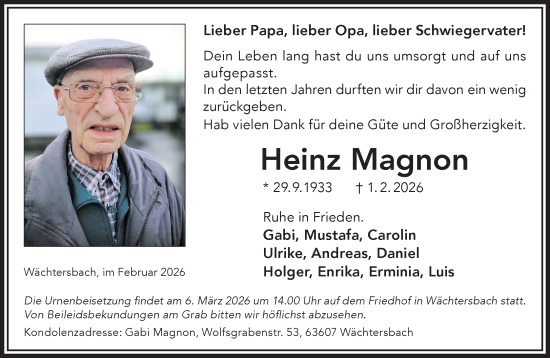 Traueranzeige von Heinz Magnon von Mittelhessen-Bote