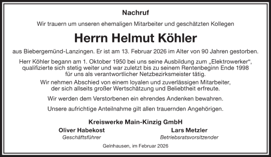 Traueranzeige von Helmut Köhler von Gelnhäuser Neue Zeitung