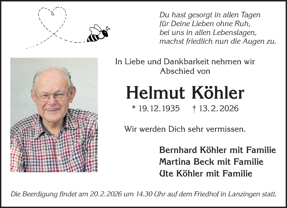  Traueranzeige für Helmut Köhler vom 17.02.2026 aus Gelnhäuser Neue Zeitung