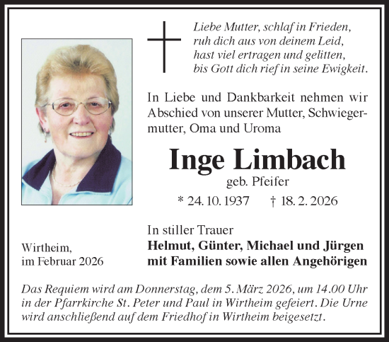 Traueranzeige von Inge Limbach von Gelnhäuser Neue Zeitung