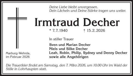 Traueranzeige von Irmtraud Decher von Gelnhäuser Neue Zeitung