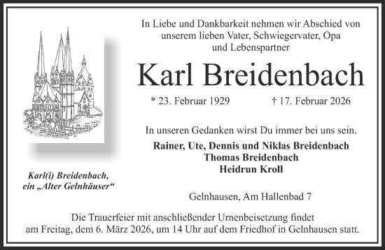 Traueranzeige von Karl Breidenbach von Gelnhäuser Neue Zeitung