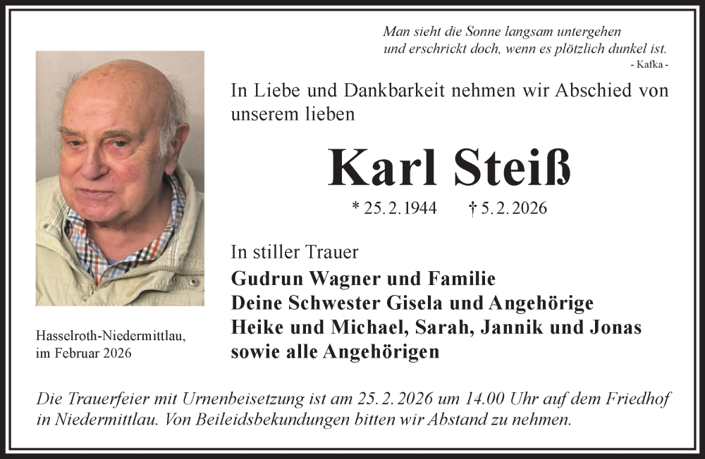  Traueranzeige für Karl Steiß vom 14.02.2026 aus Gelnhäuser Neue Zeitung