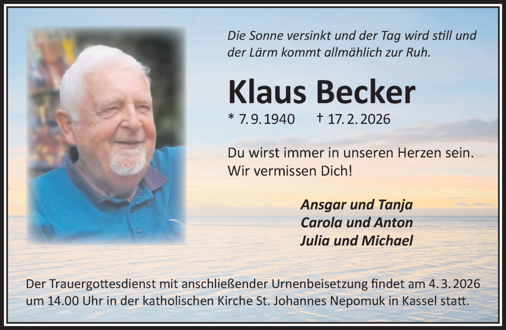  Traueranzeige für Klaus Becker vom 21.02.2026 aus Gelnhäuser Neue Zeitung