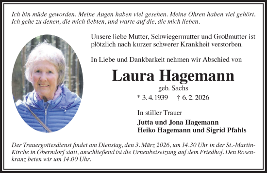 Traueranzeige von Laura Hagemann von Gelnhäuser Neue Zeitung