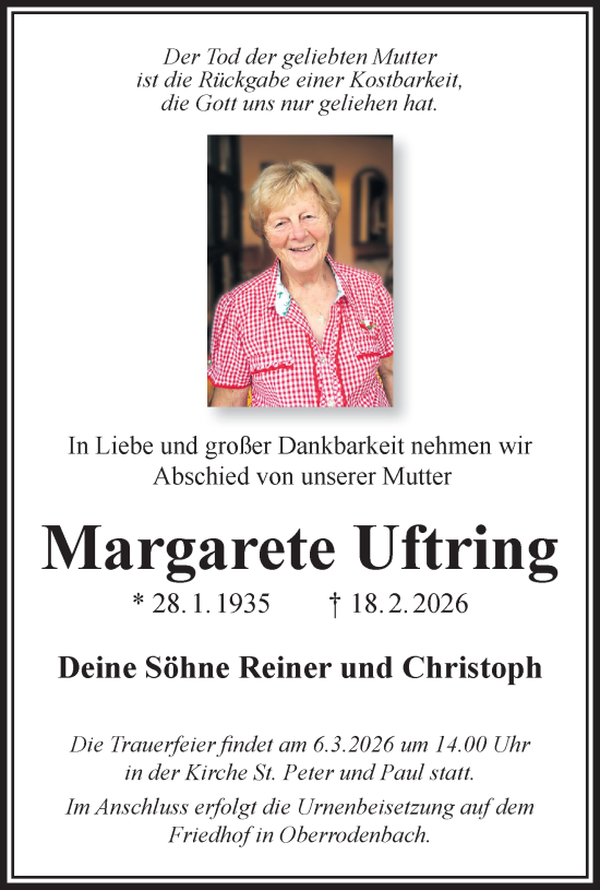 Traueranzeige von Margarete Uftring von Gelnhäuser Neue Zeitung