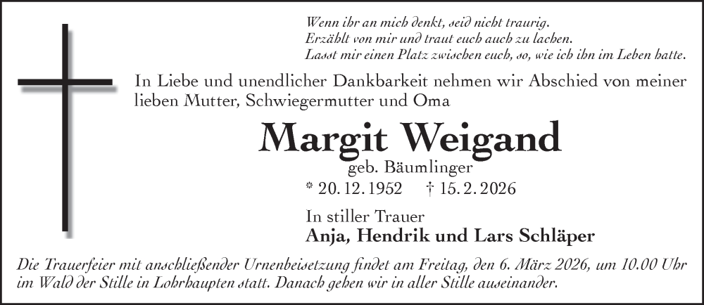  Traueranzeige für Margit Weigand vom 21.02.2026 aus Gelnhäuser Neue Zeitung
