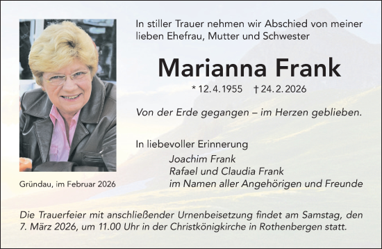 Traueranzeige von Marianna Frank von Gelnhäuser Neue Zeitung