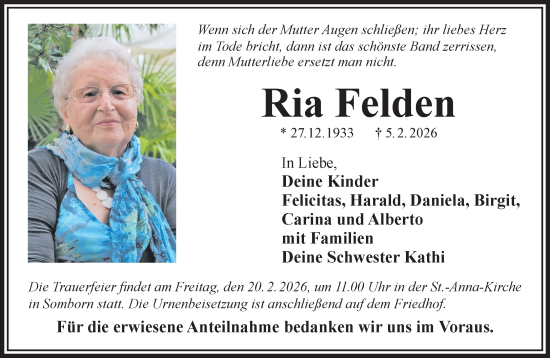 Traueranzeige von Ria Felden von Gelnhäuser Neue Zeitung