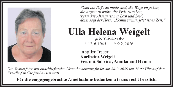 Traueranzeige von Ulla Helena Weigelt von Gelnhäuser Neue Zeitung