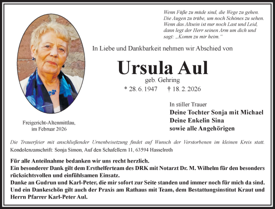 Traueranzeige von Ursula Aul von Gelnhäuser Neue Zeitung